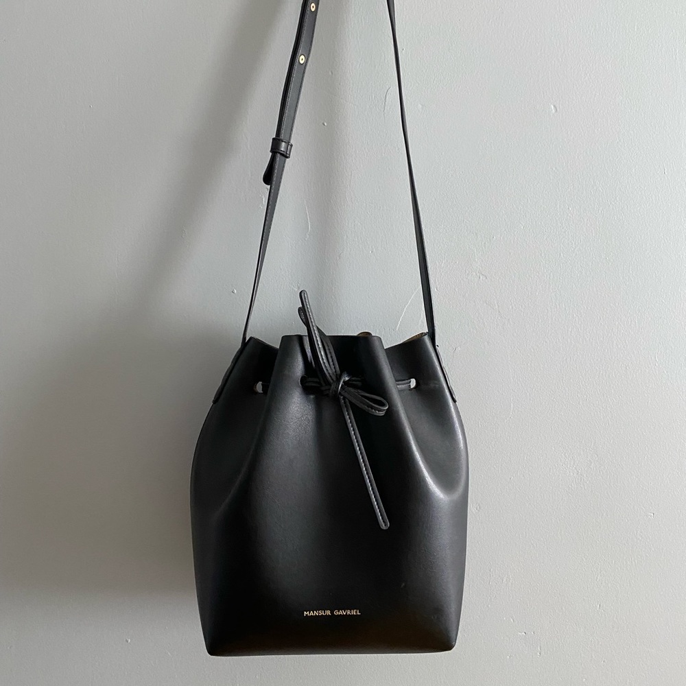 Black leather bucket crossbody bag